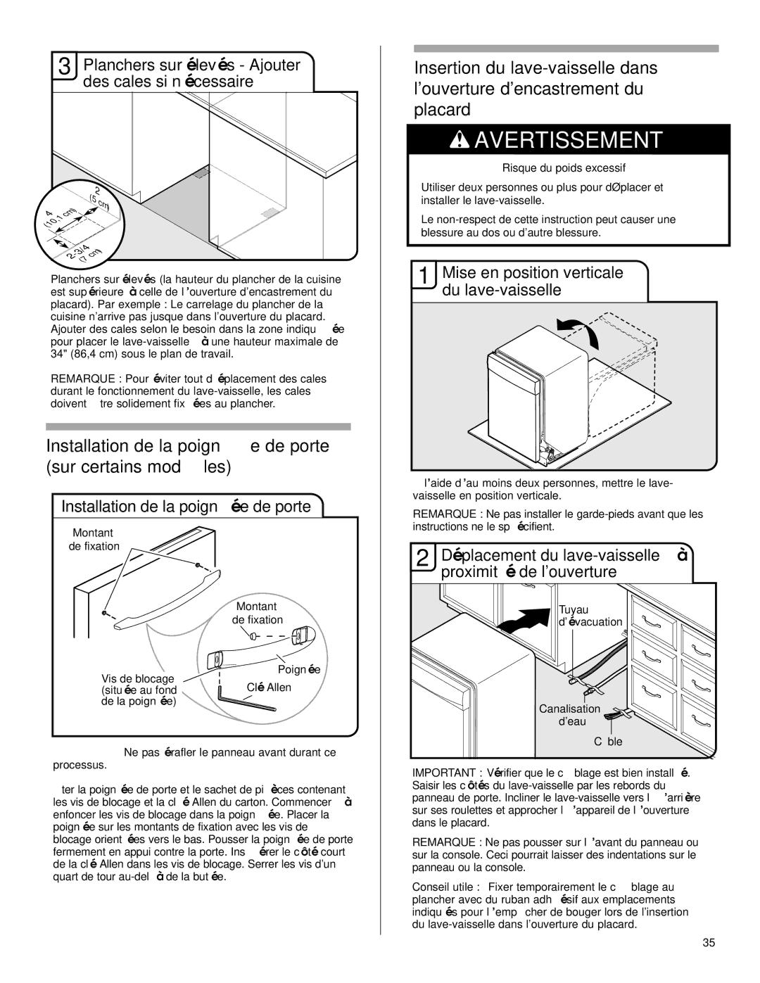 Maytag W10199707A Installation de la poignée de porte sur certains modèles, Mise en position verticale du lave-vaisselle 