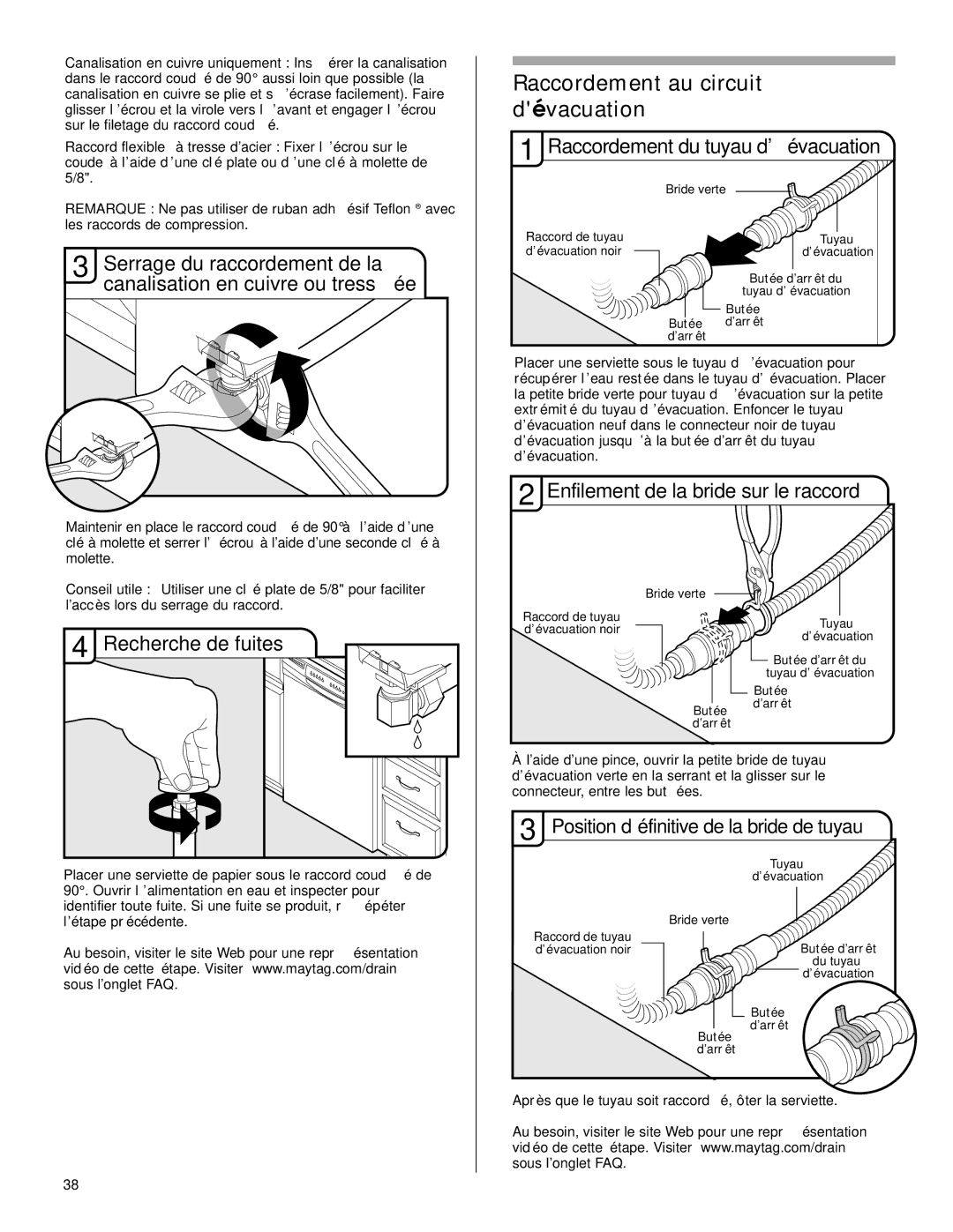 Maytag W10199707A Raccordement au circuit dévacuation, Enfilement de la bride sur le raccord, Recherche de fuites 