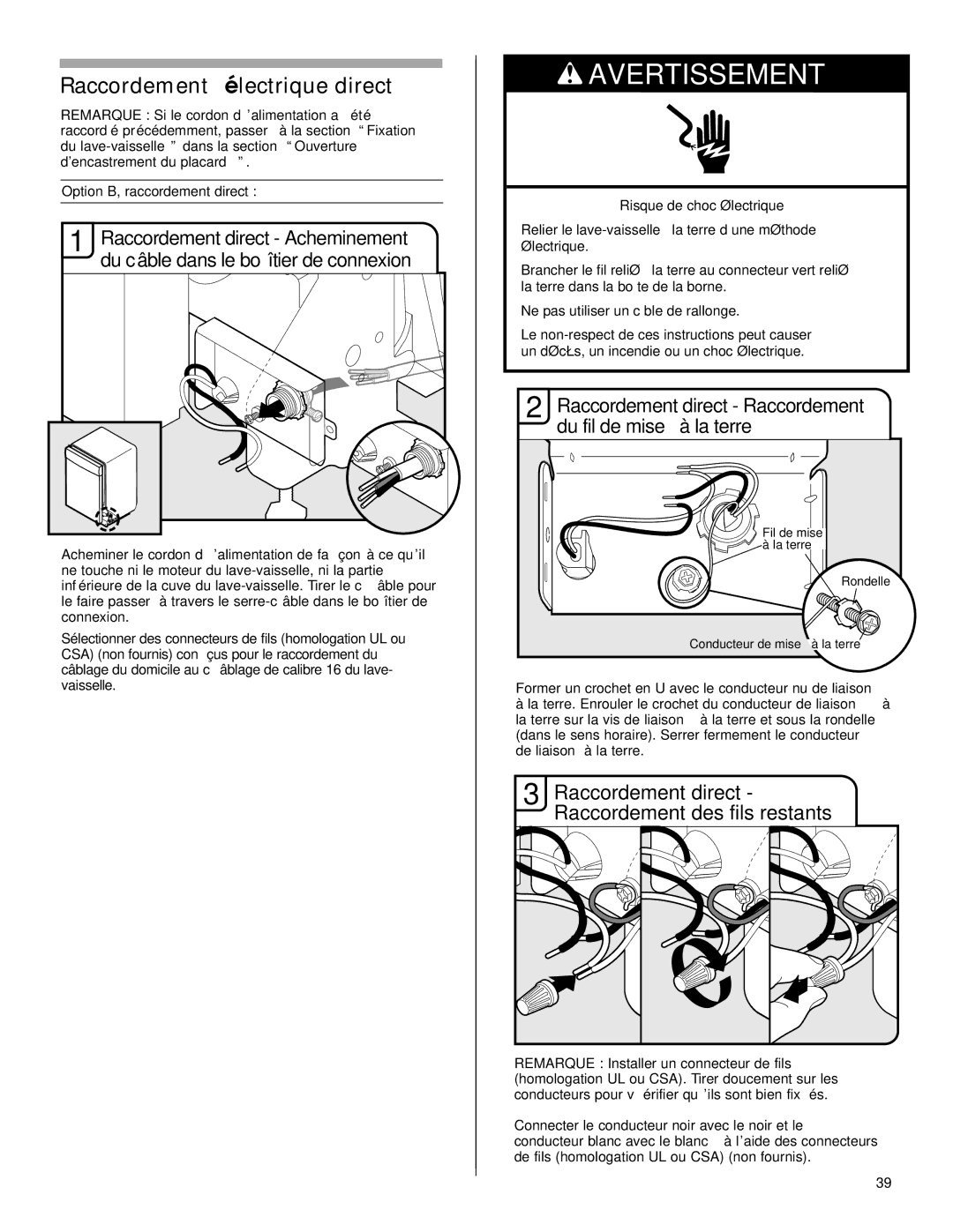 Maytag W10199707A Raccordement électrique direct, Raccordement direct Raccordement du fil de mise à la terre 