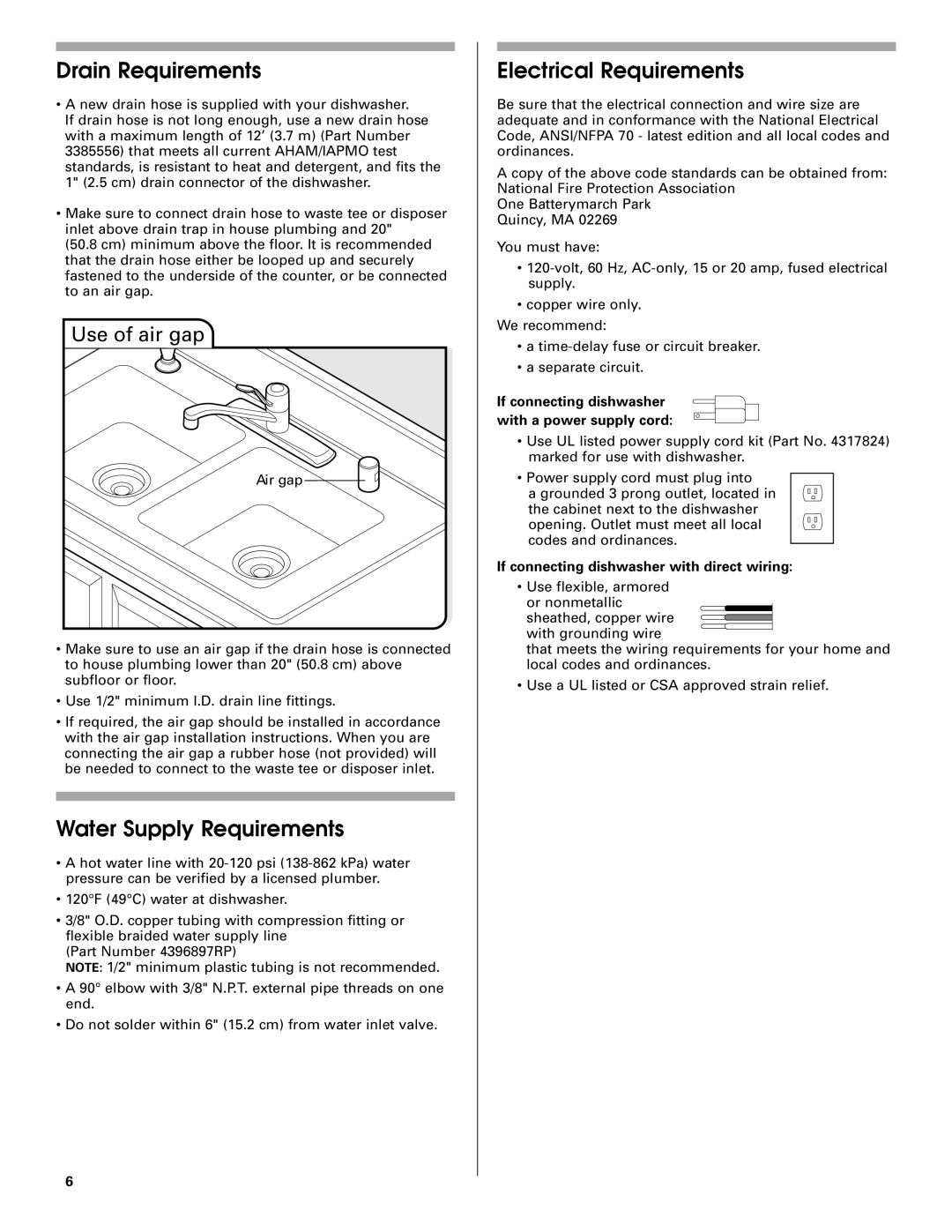 Maytag W10199707A Drain Requirements, Water Supply Requirements, Electrical Requirements, Use of air gap 