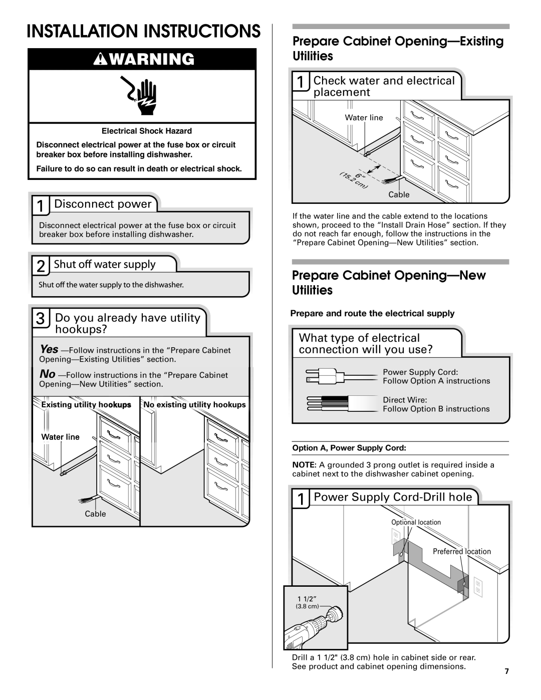 Maytag W10199707A Prepare Cabinet Opening-Existing Utilities, Prepare Cabinet Opening-New Utilities 