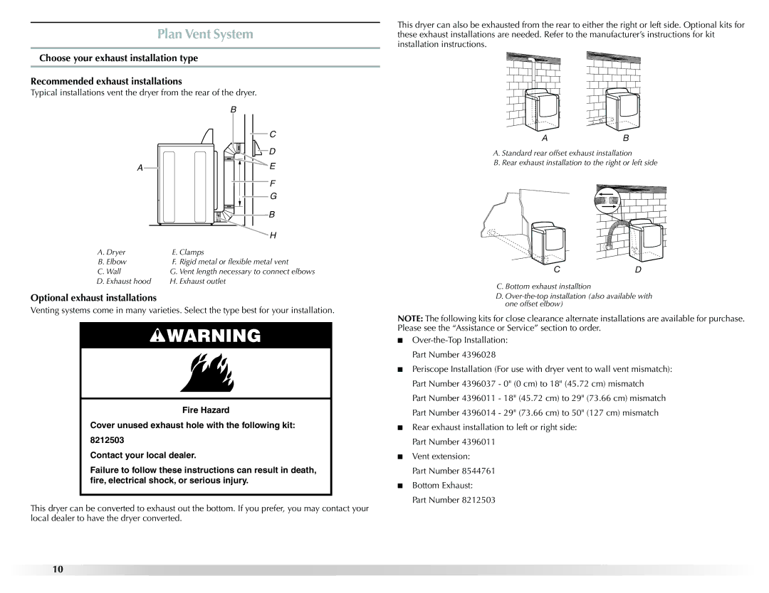 Maytag W10201175A manual Plan Vent System, Optional exhaust installations 