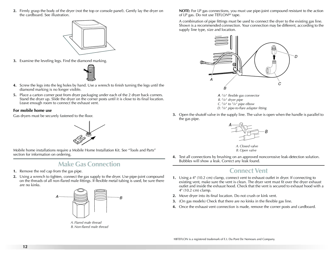 Maytag W10201175A manual Make Gas Connection, Connect Vent, For mobile home use 