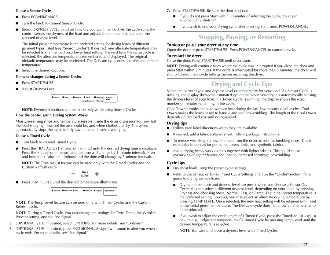 Maytag W10201175A manual Stopping, Pausing, or Restarting, Drying and Cycle Tips 