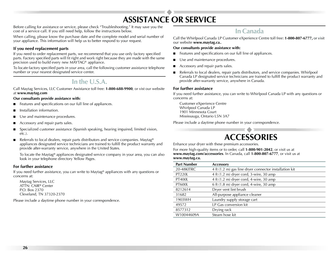 Maytag W10201175A manual Assistance or Service, Accessories, U.S.A, Canada 