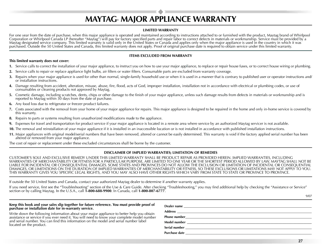 Maytag W10201175A manual Maytag Major Appliance Warranty, This limited warranty does not cover 