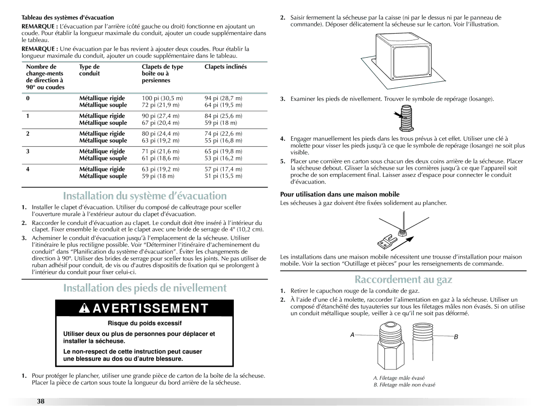 Maytag W10201175A manual Installation du système d’évacuation, Installation des pieds de nivellement, Raccordement au gaz 