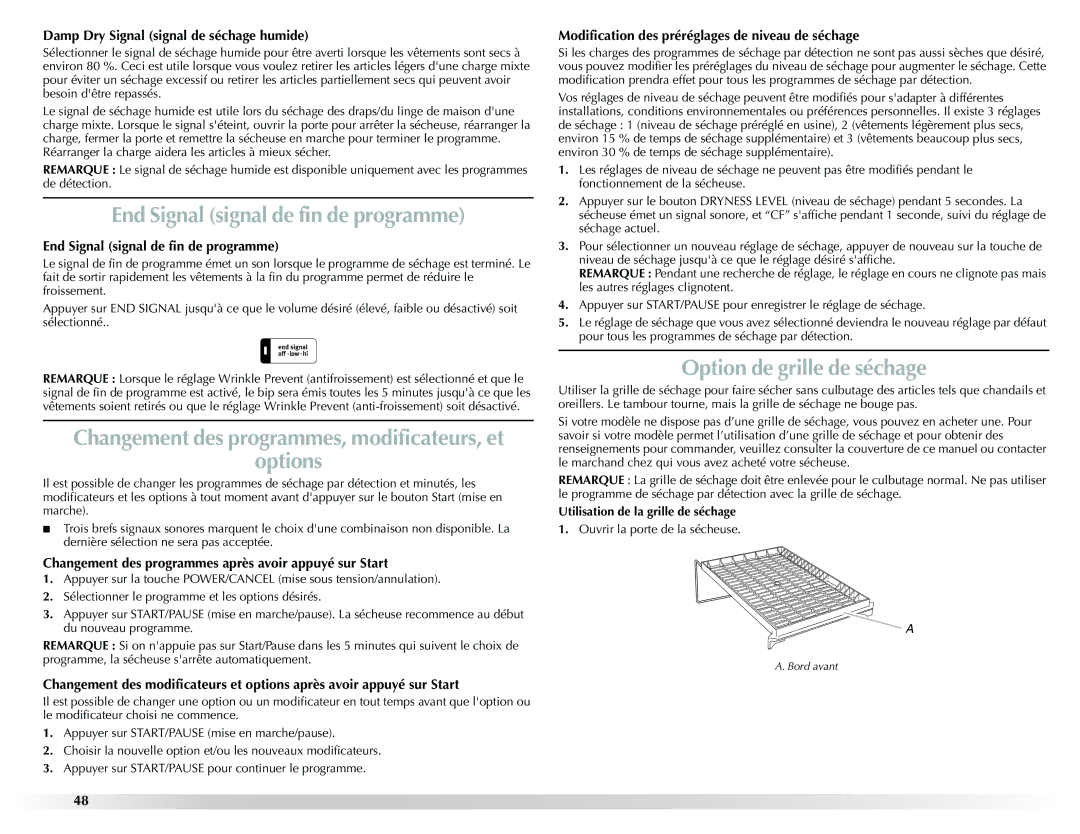 Maytag W10201175A manual End Signal signal de fin de programme, Option de grille de séchage 