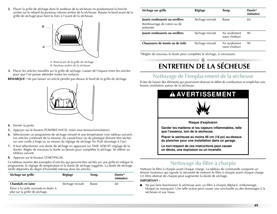 Maytag W10201175A manual Entretien DE LA Sécheuse, Nettoyage de lemplacement de la sécheuse, Nettoyage du filtre à charpie 