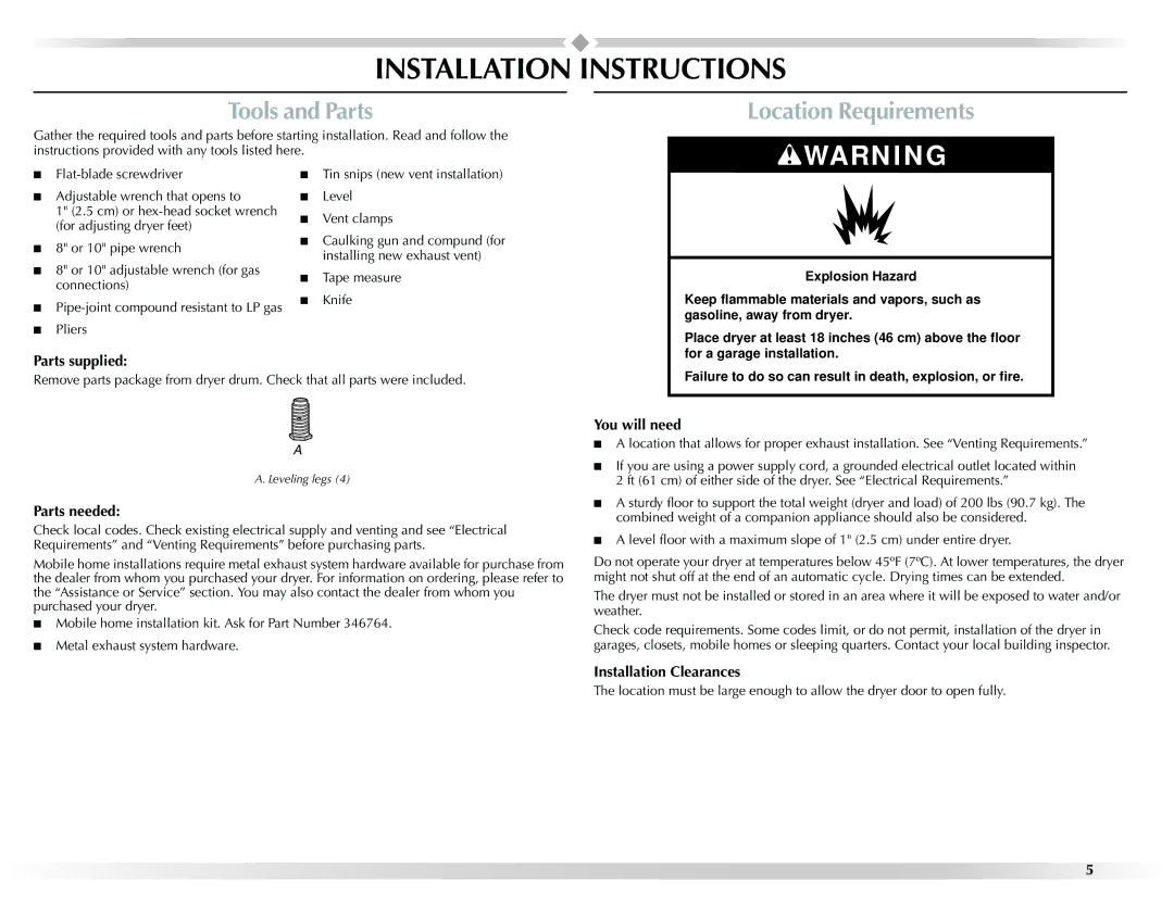 Maytag W10201175A manual Installation Instructions, Tools and Parts, Location Requirements 