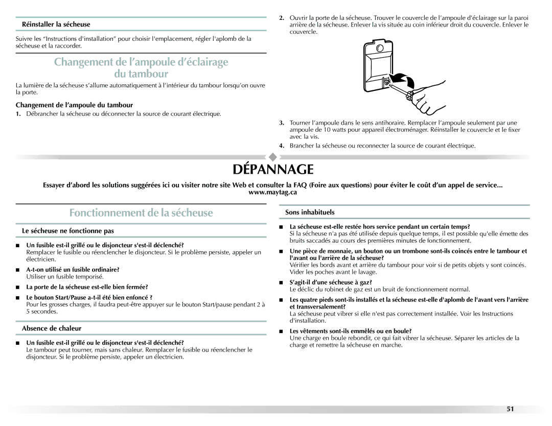 Maytag W10201175A manual Dépannage, Changement de l’ampoule d’éclairage Du tambour, Fonctionnement de la sécheuse 