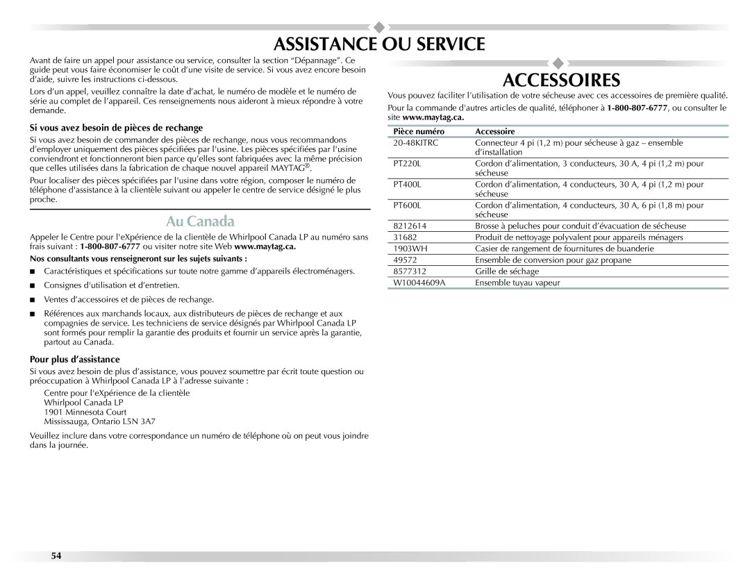 Maytag W10201175A manual Assistance OU Service, Accessoires, Au Canada, Si vous avez besoin de pièces de rechange 