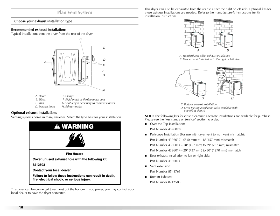 Maytag W10201177B manual Plan Vent System, Optional exhaust installations 