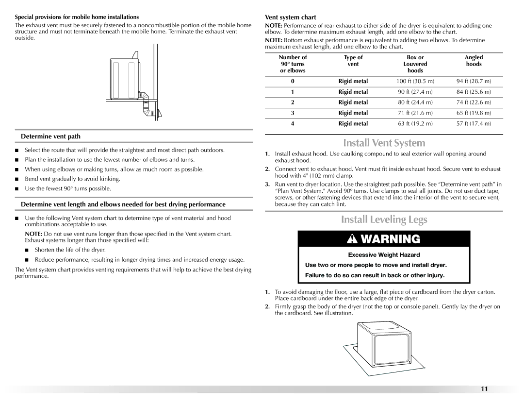 Maytag W10201177B manual Install Vent System, Install Leveling Legs, Determine vent path, Vent system chart 