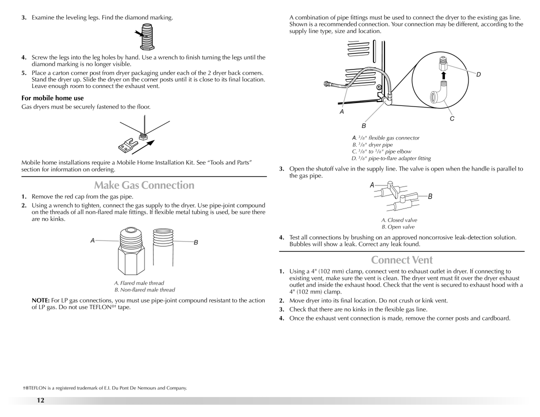 Maytag W10201177B manual Make Gas Connection, Connect Vent, For mobile home use 