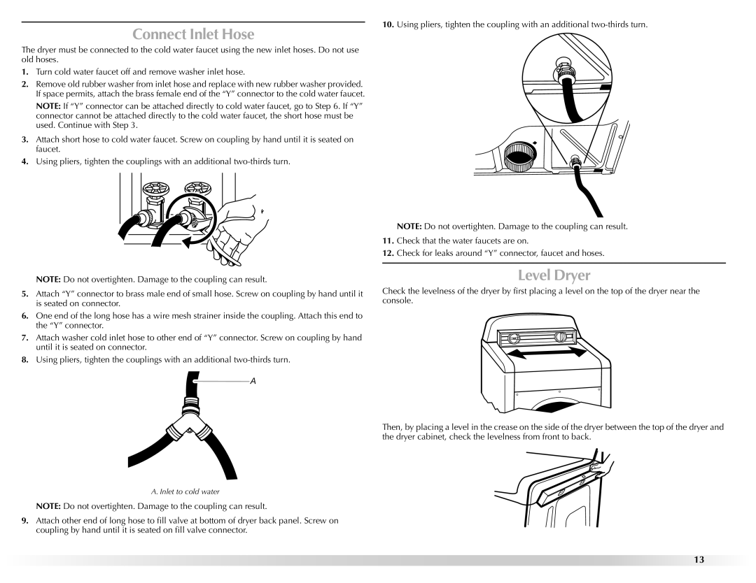 Maytag W10201177B manual Connect Inlet Hose, Level Dryer 