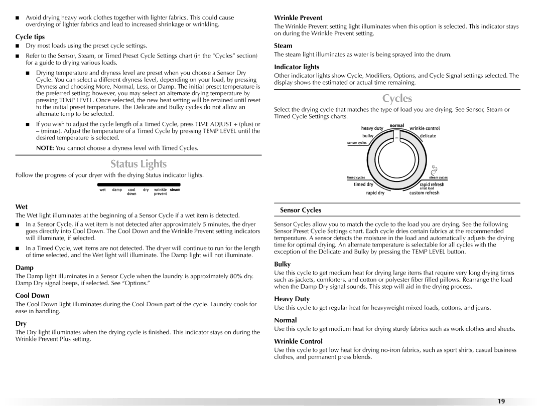 Maytag W10201177B manual Status Lights, Cycles 