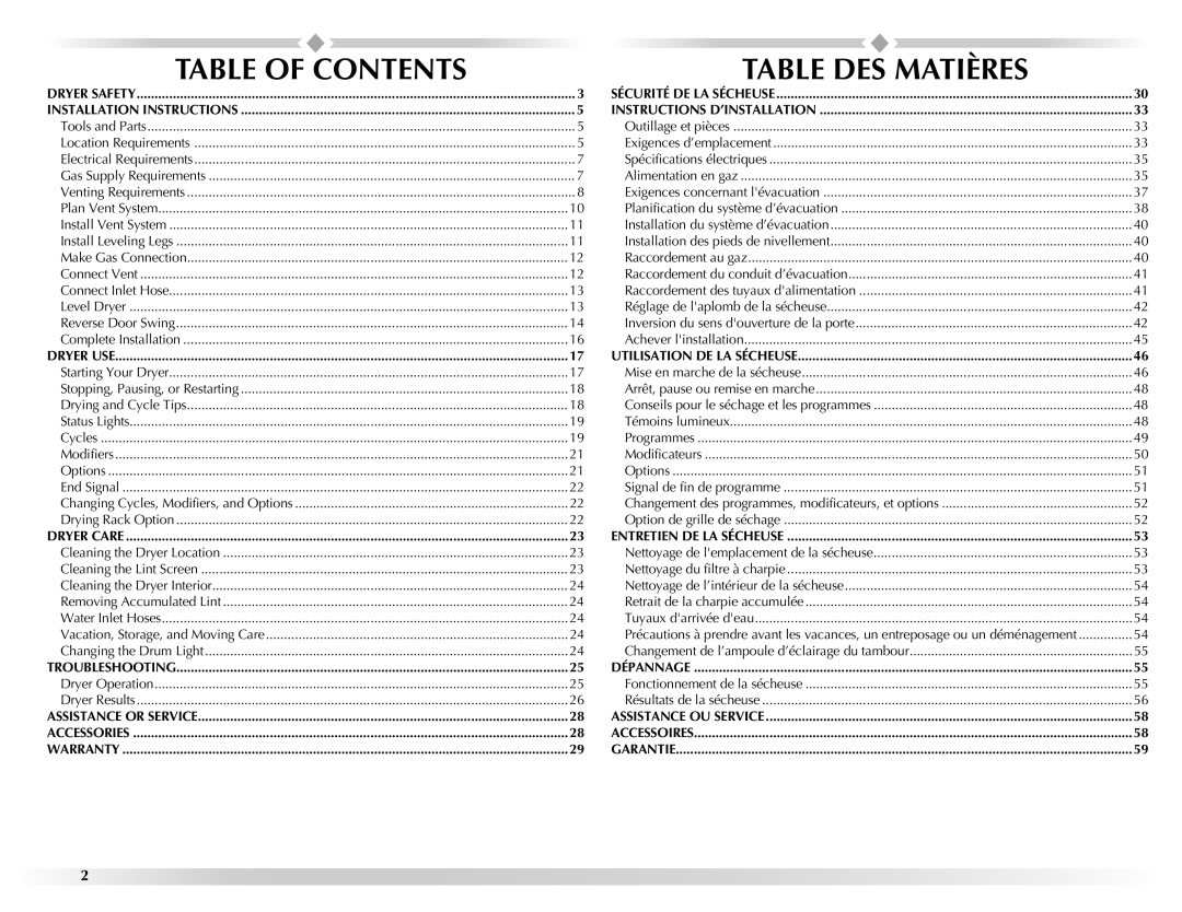 Maytag W10201177B manual Table of Contents, Table DES Matières 