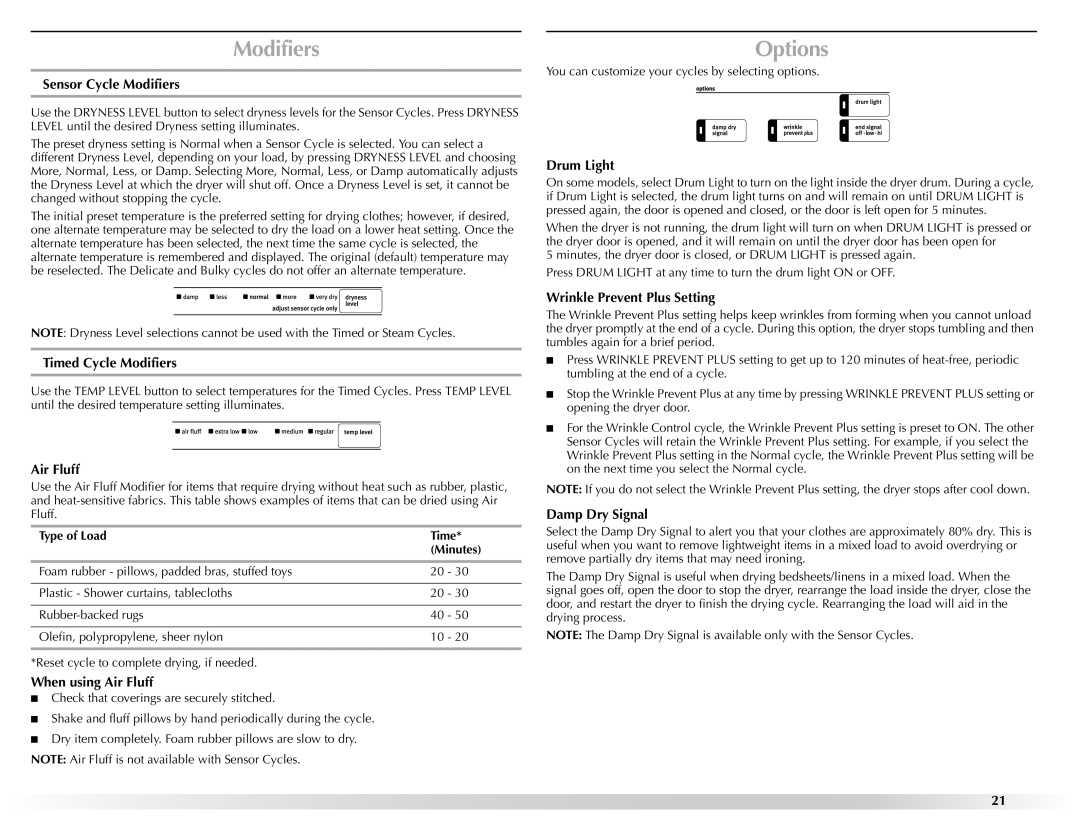 Maytag W10201177B manual Modifiers, Options 