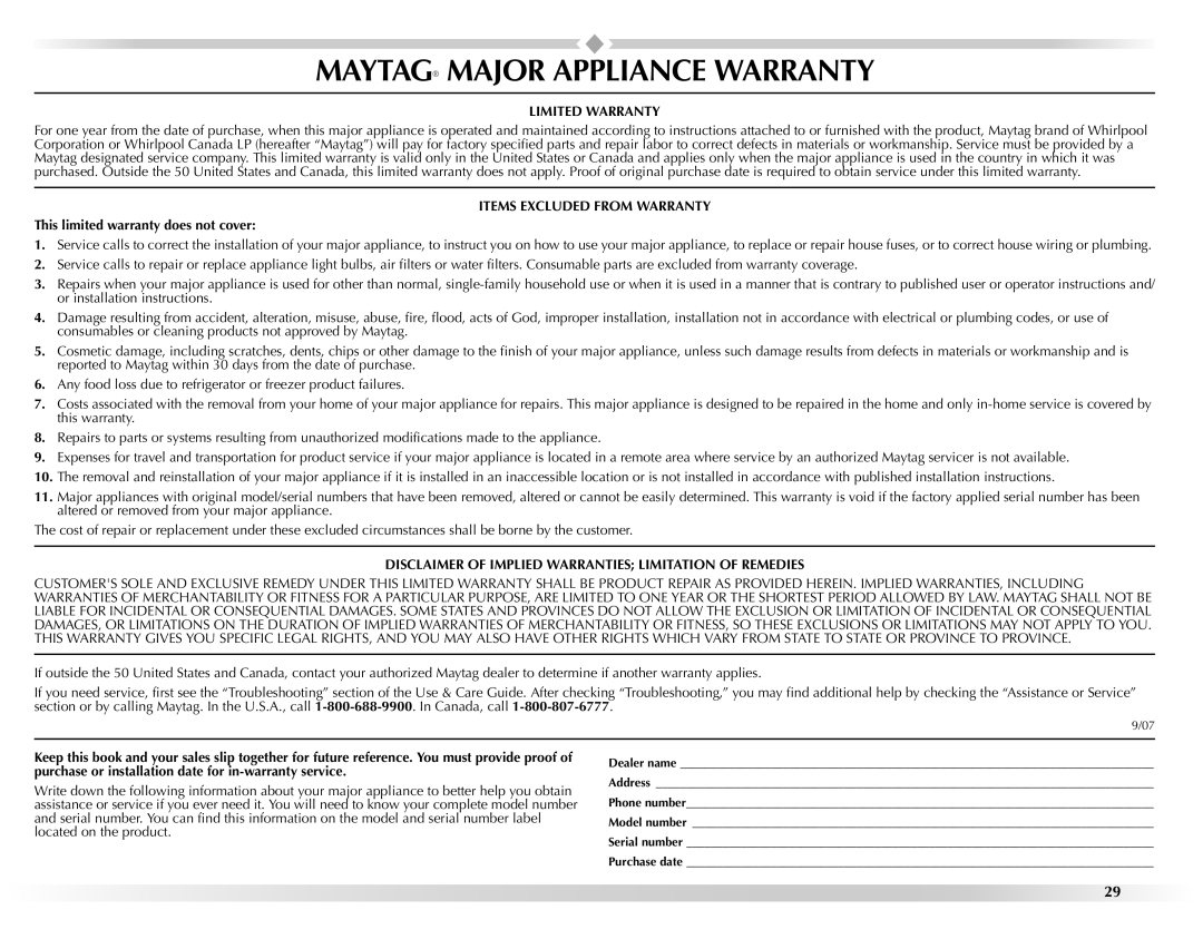 Maytag W10201177B manual Maytag Major Appliance Warranty, This limited warranty does not cover 