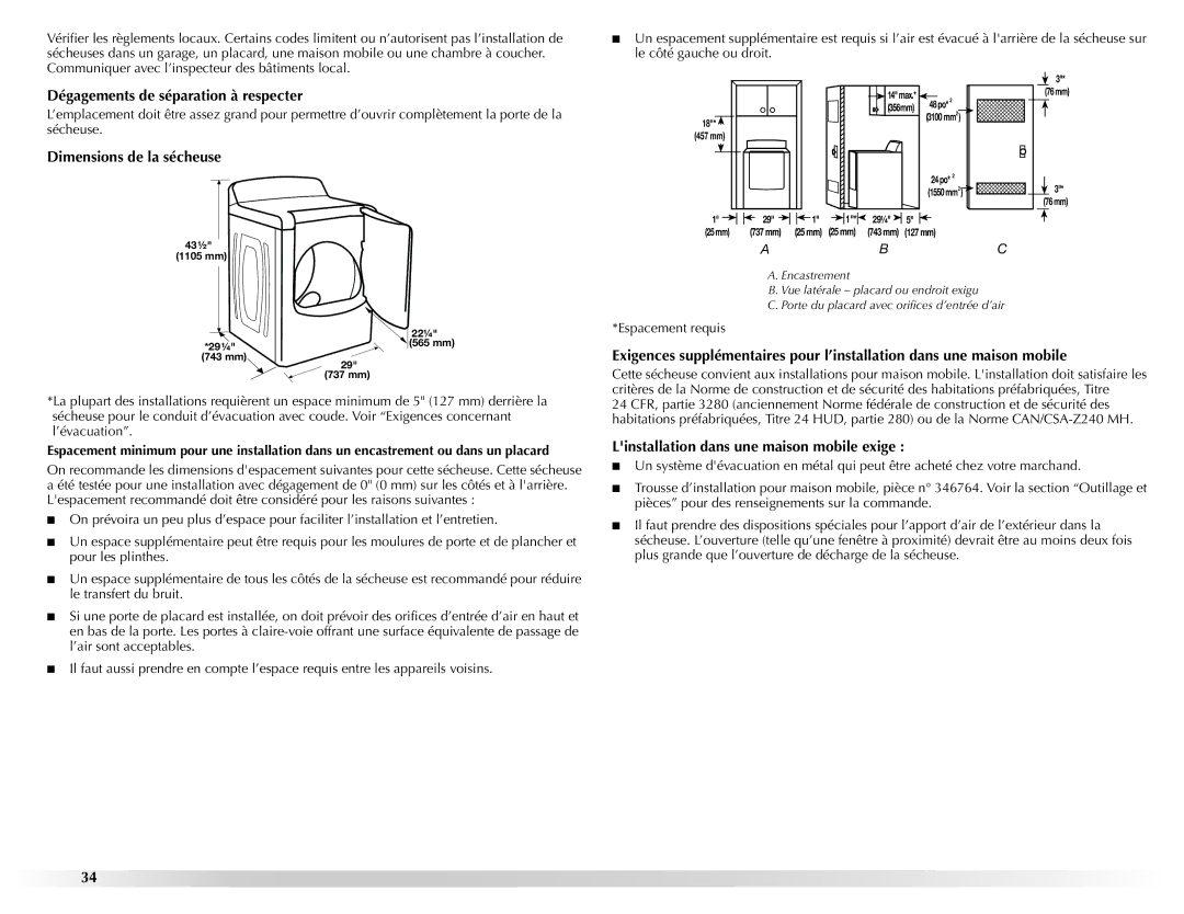 Maytag W10201177B manual Dégagements de séparation à respecter, Dimensions de la sécheuse 