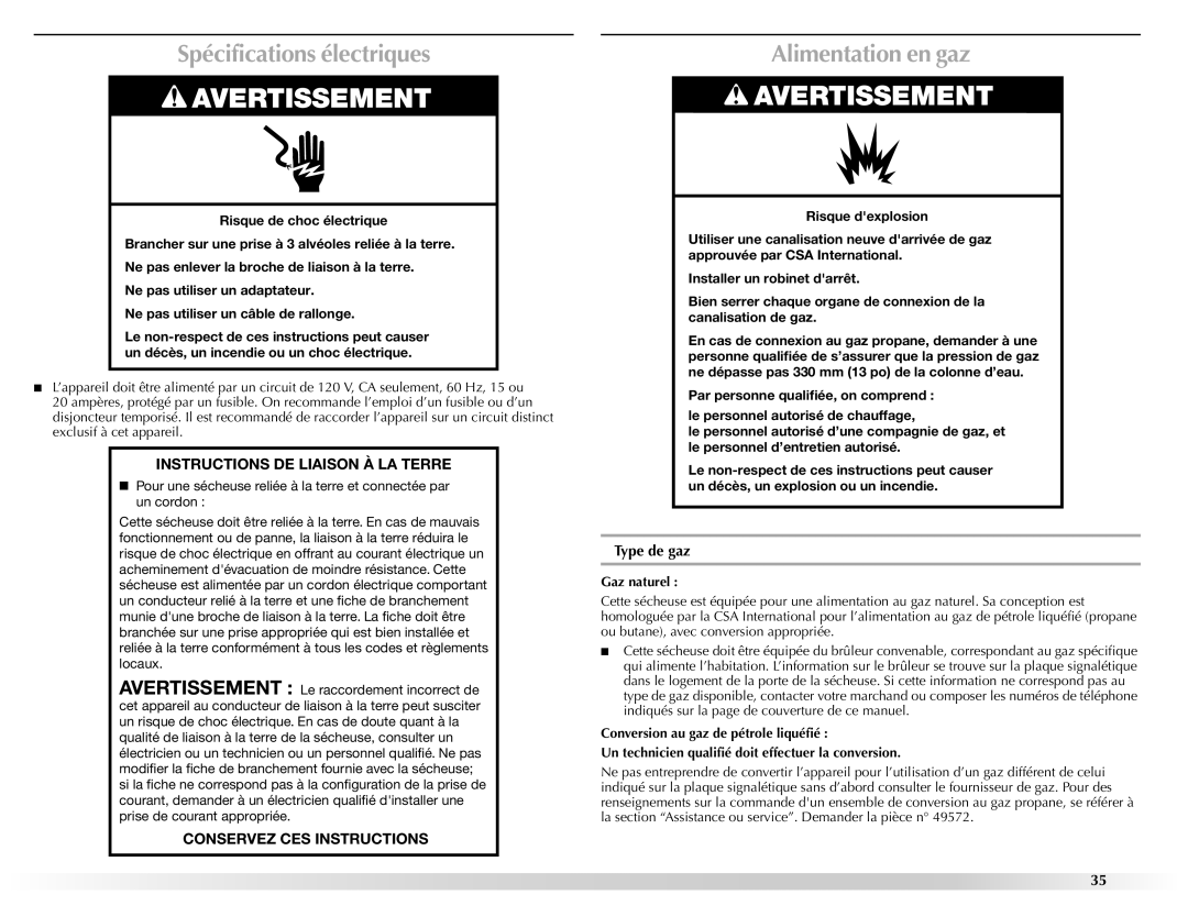 Maytag W10201177B manual Spécifications électriques, Alimentation en gaz, Type de gaz, Gaz naturel 