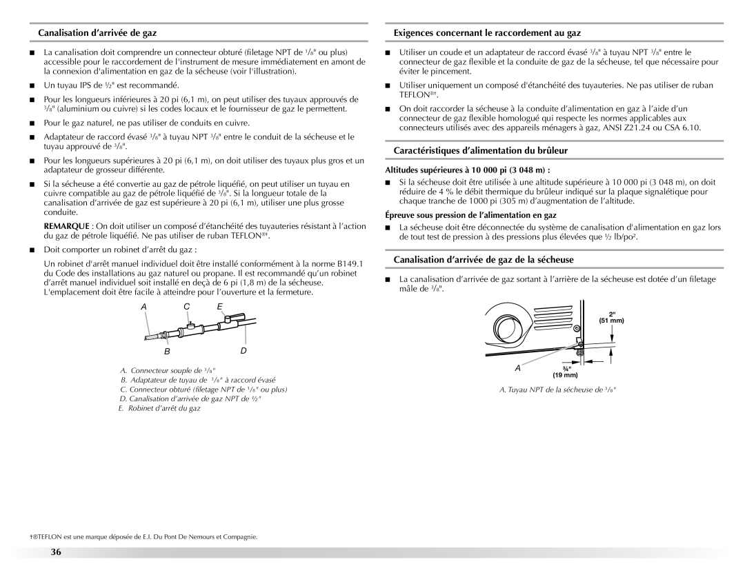 Maytag W10201177B manual Canalisation d’arrivée de gaz, Exigences concernant le raccordement au gaz 