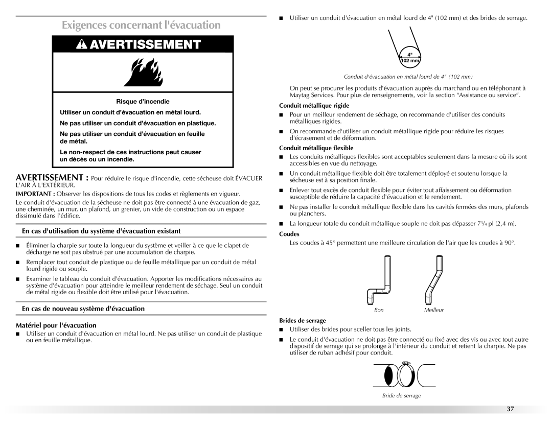 Maytag W10201177B manual Exigences concernant lévacuation, En cas dutilisation du système dévacuation existant 