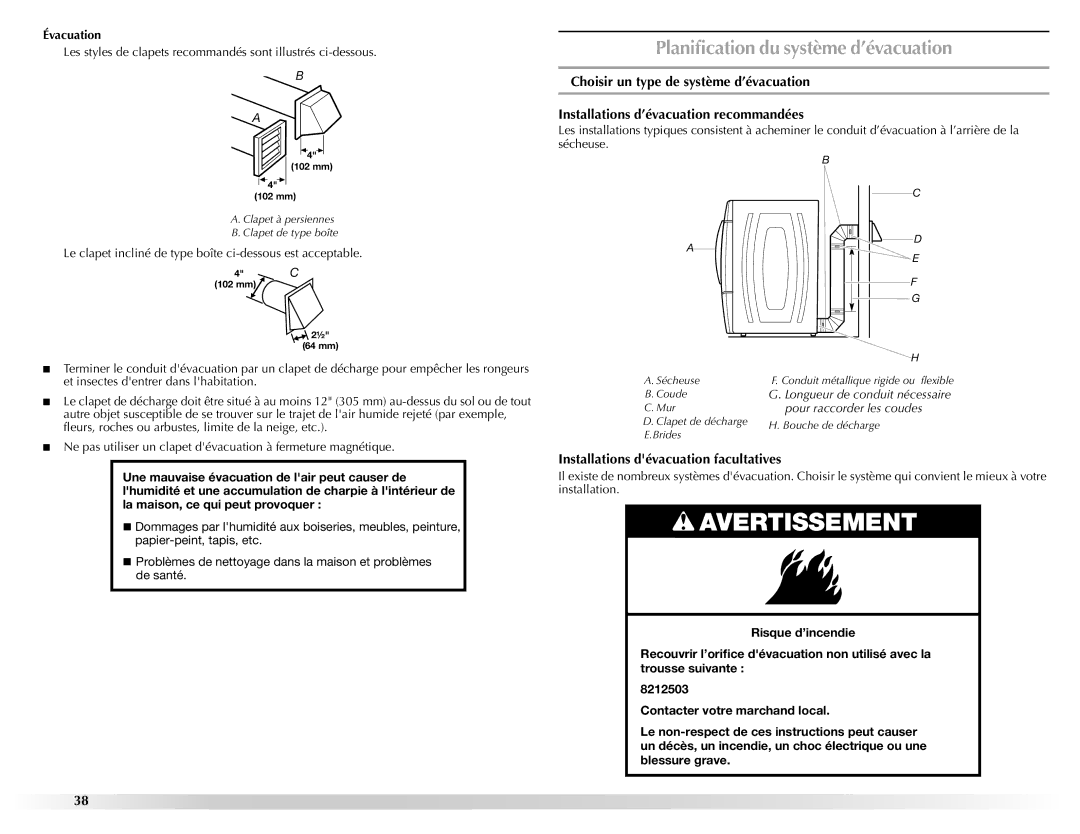 Maytag W10201177B manual Installations dévacuation facultatives, Évacuation 