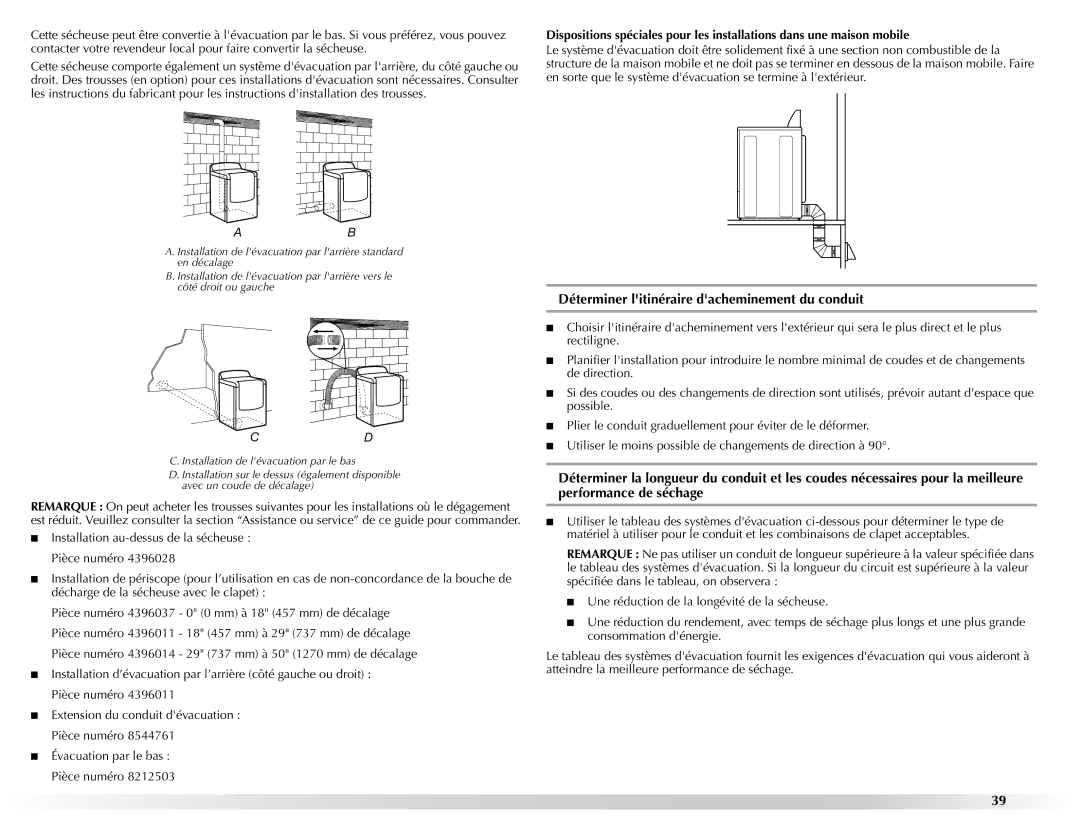 Maytag W10201177B manual Déterminer litinéraire dacheminement du conduit 