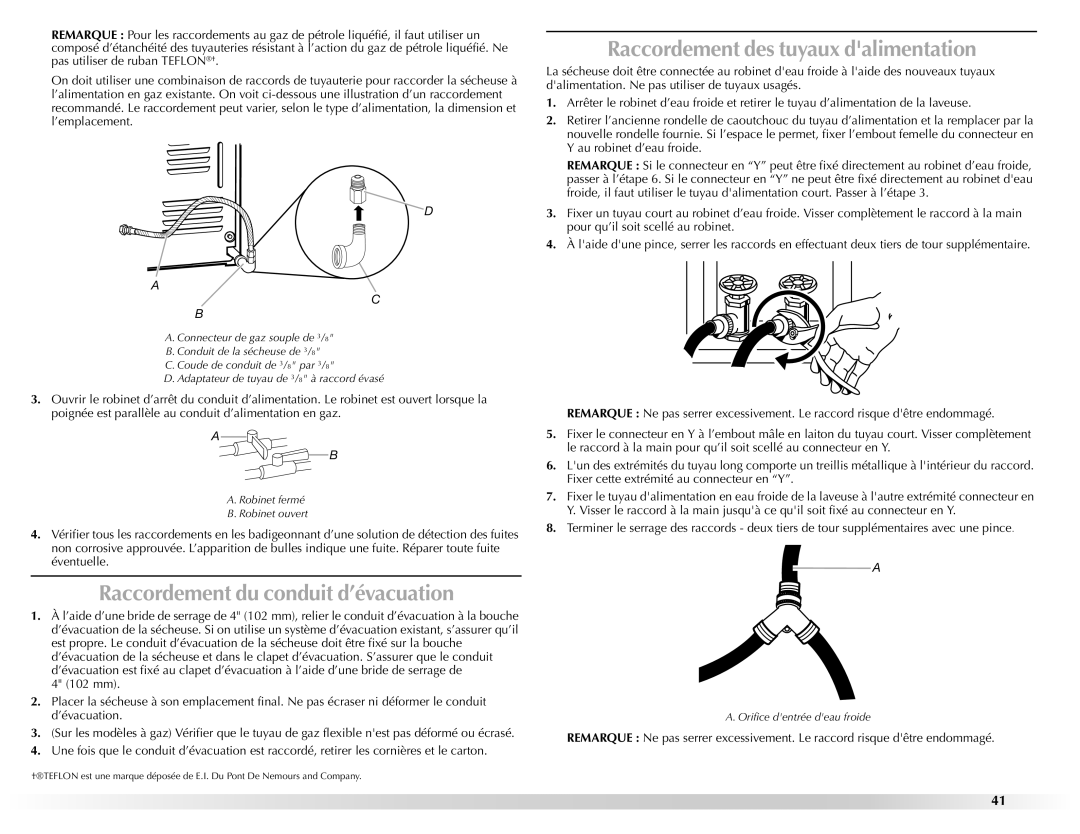 Maytag W10201177B manual Raccordement du conduit d’évacuation, Raccordement des tuyaux dalimentation 