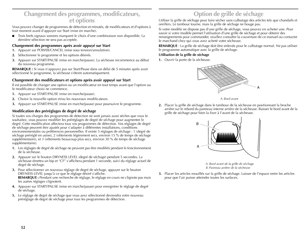 Maytag W10201177B manual Changement des programmes, modificateurs Et options, Option de grille de séchage 