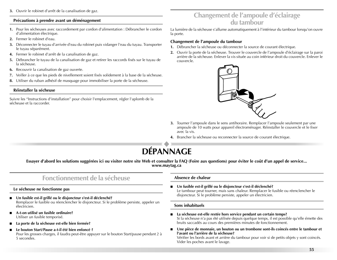 Maytag W10201177B manual Dépannage, Changement de l’ampoule d’éclairage Du tambour, Fonctionnement de la sécheuse 