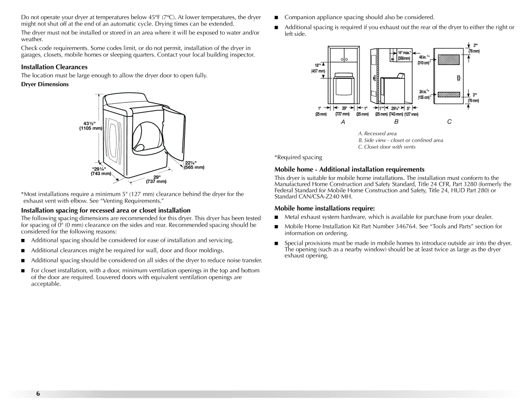 Maytag W10201177B manual Installation Clearances, Mobile home Additional installation requirements, Dryer Dimensions 