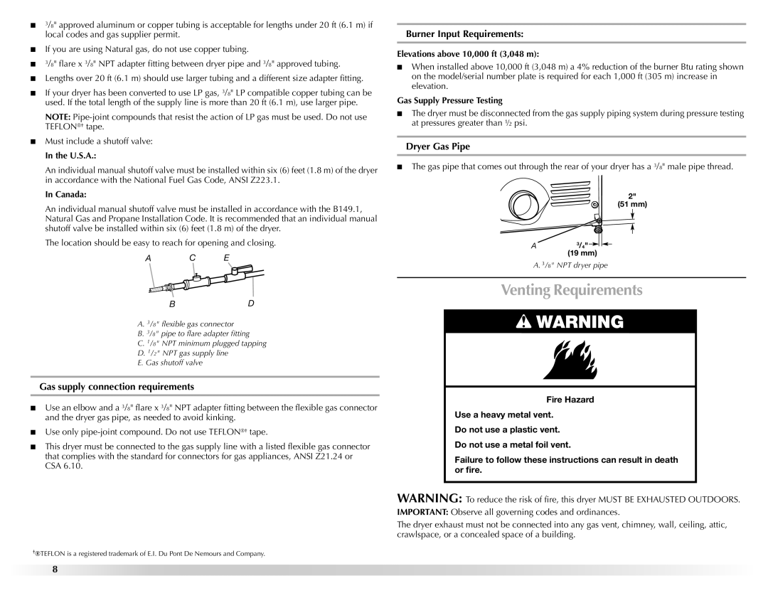 Maytag W10201177B Venting Requirements, Gas supply connection requirements, Burner Input Requirements, Dryer Gas Pipe 