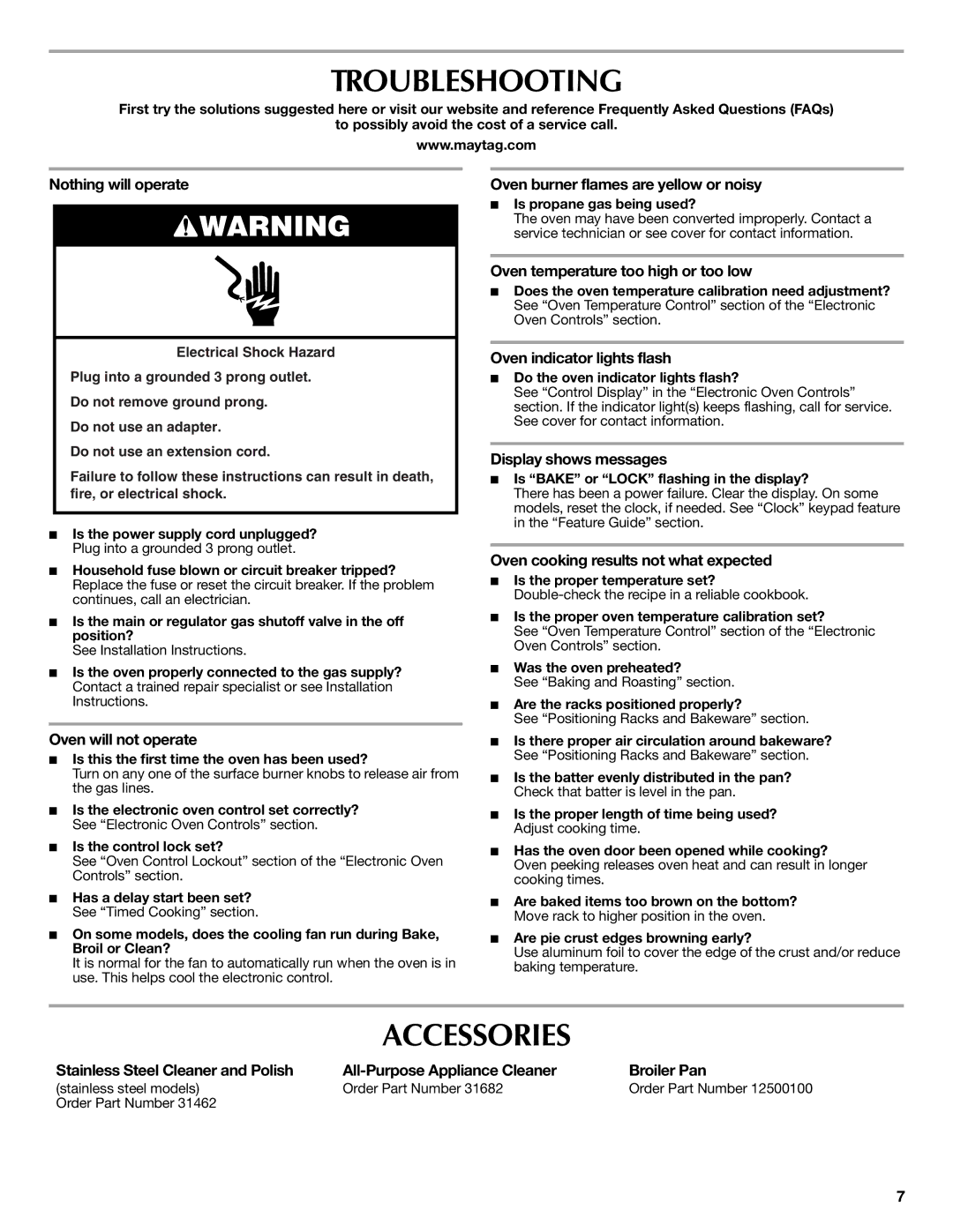 Maytag CWG3600AA, W10203503B warranty Troubleshooting, Accessories 