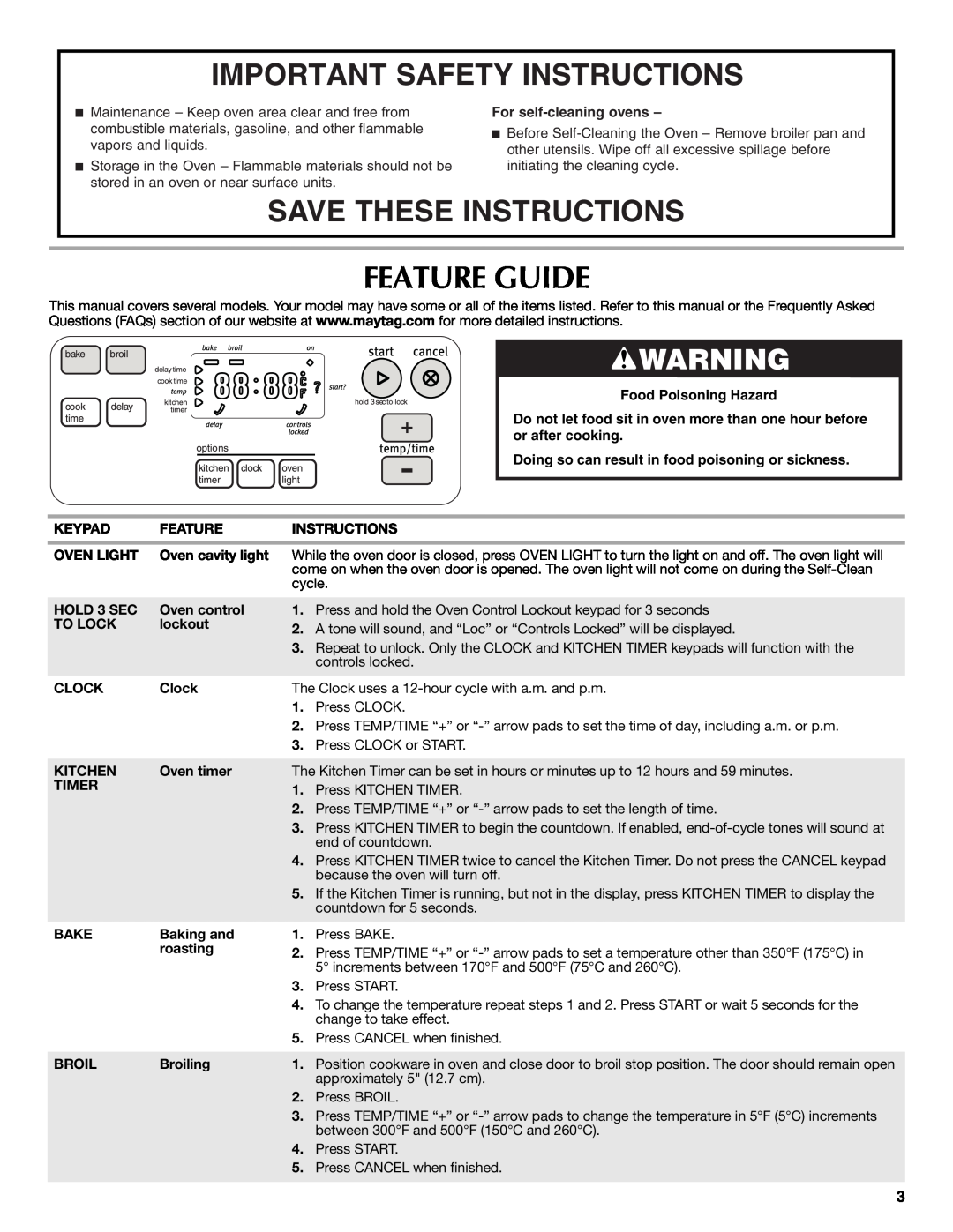 Maytag CWG3600AA, W10203503B Feature Guide, Important Safety Instructions, Save These Instructions, For self-cleaningovens 