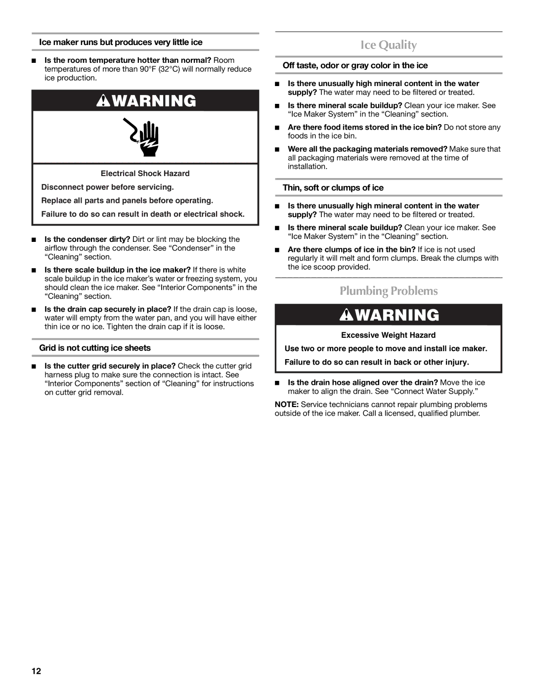 Maytag W10206488A installation instructions Ice Quality, Plumbing Problems 