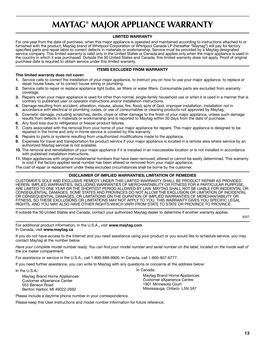 Maytag W10206488A installation instructions Maytag Major Appliance Warranty, Limited Warranty, Items Excluded from Warranty 