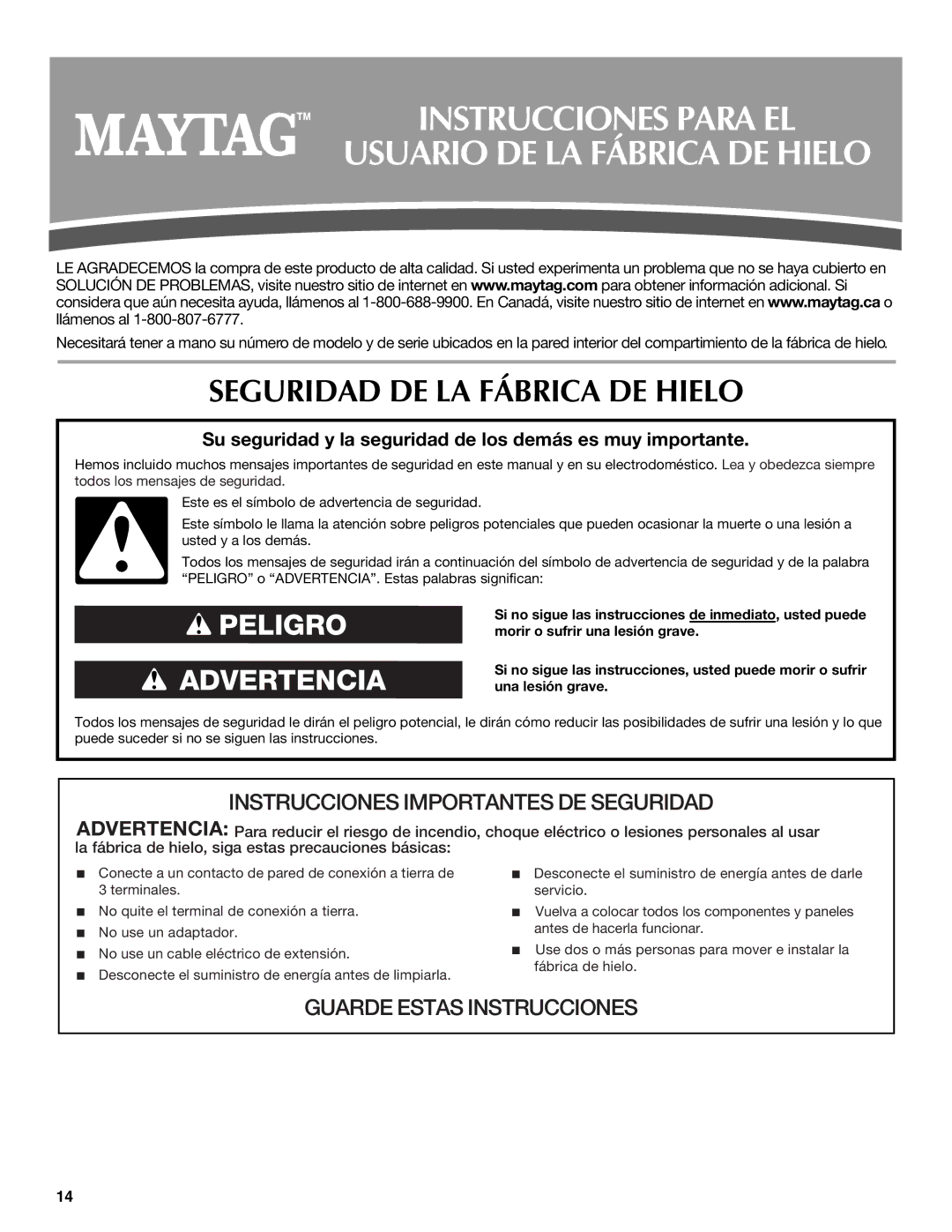 Maytag W10206488A Instrucciones Para EL Usuario DE LA Fábrica DE Hielo, Seguridad DE LA Fábrica DE Hielo 