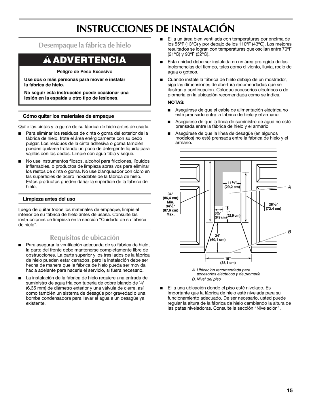 Maytag W10206488A Instrucciones DE Instalación, Desempaque la fábrica de hielo, Requisitos de ubicación 