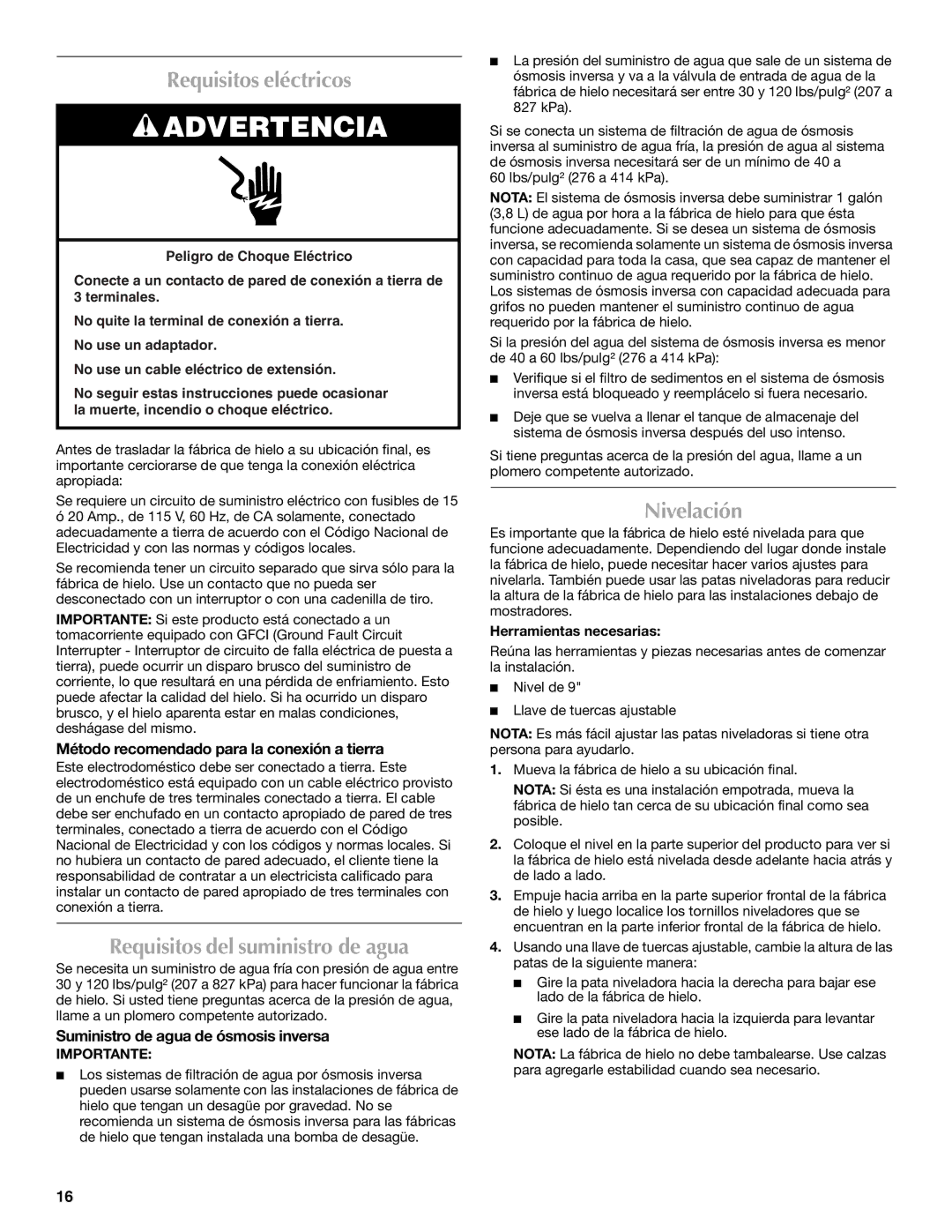 Maytag W10206488A installation instructions Requisitos eléctricos, Requisitos del suministro de agua, Nivelación 