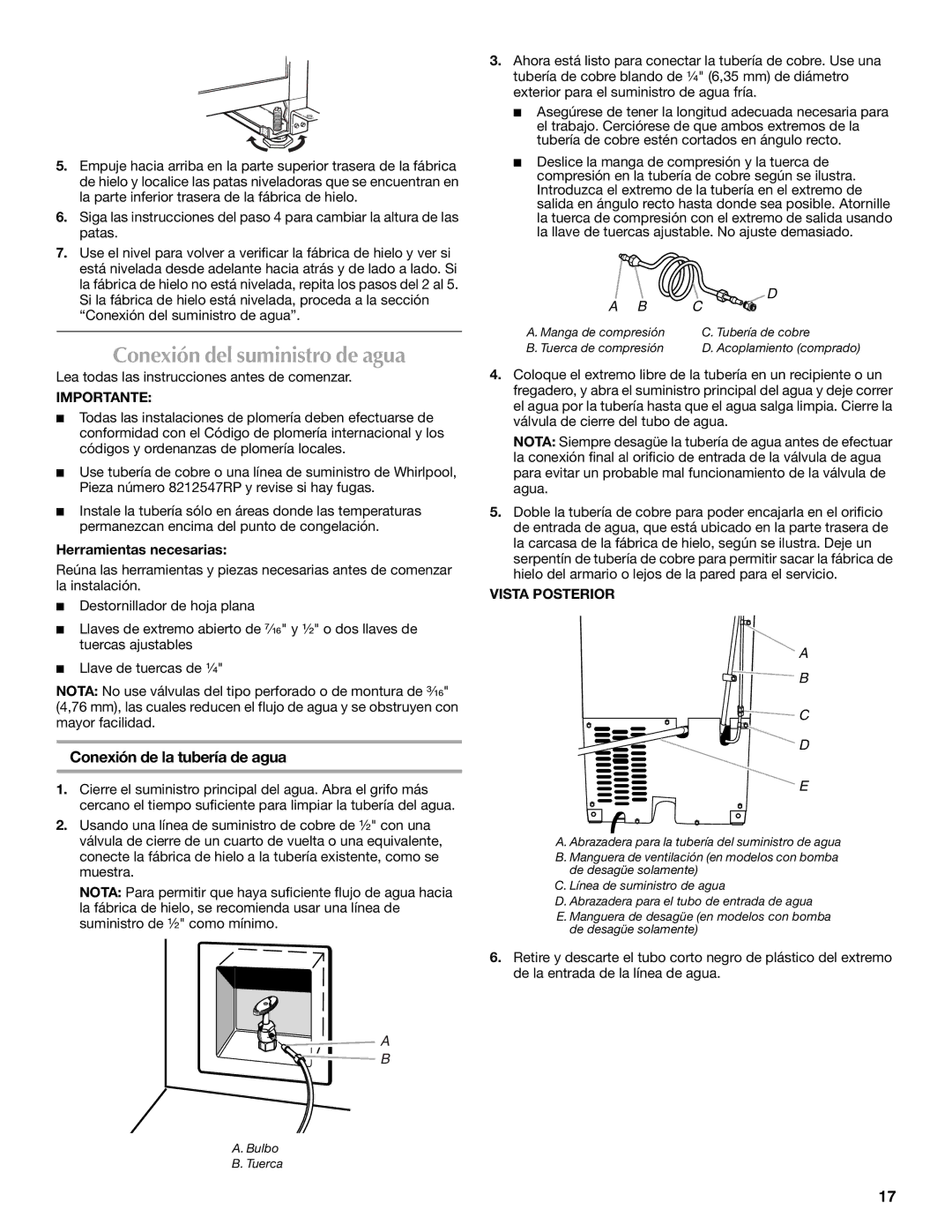 Maytag W10206488A Conexión del suministro de agua, Conexión de la tubería de agua, Vista Posterior 