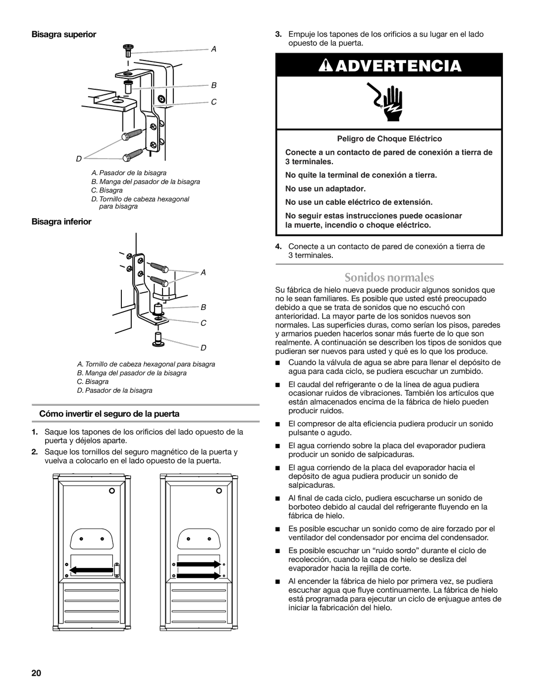 Maytag W10206488A Sonidos normales, Bisagra superior, Bisagra inferior, Cómo invertir el seguro de la puerta 