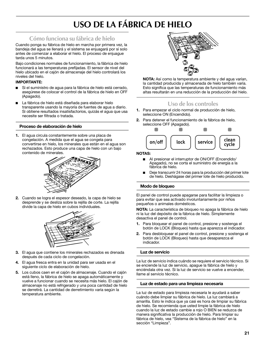 Maytag W10206488A USO DE LA Fábrica DE Hielo, Cómo funciona su fábrica de hielo, Uso de los controles 