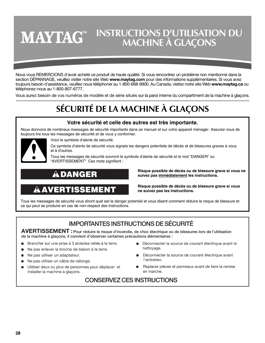 Maytag W10206488A Instructions Dutilisation DU Machine À Glaçons, Sécurité DE LA Machine À Glaçons 