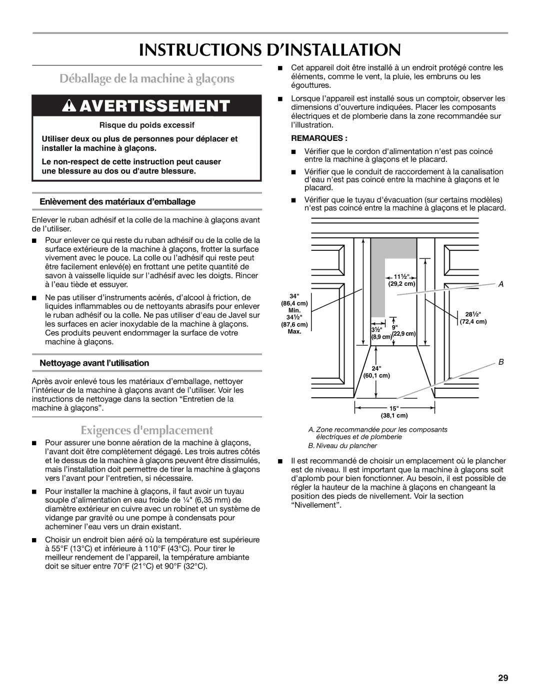 Maytag W10206488A Instructions D’INSTALLATION, Déballage de la machine à glaçons, Exigences demplacement 