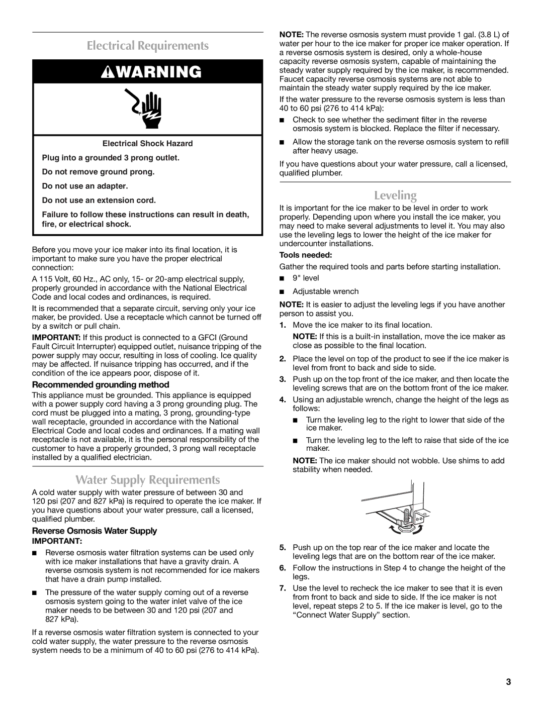 Maytag W10206488A Electrical Requirements, Water Supply Requirements, Leveling, Recommended grounding method 