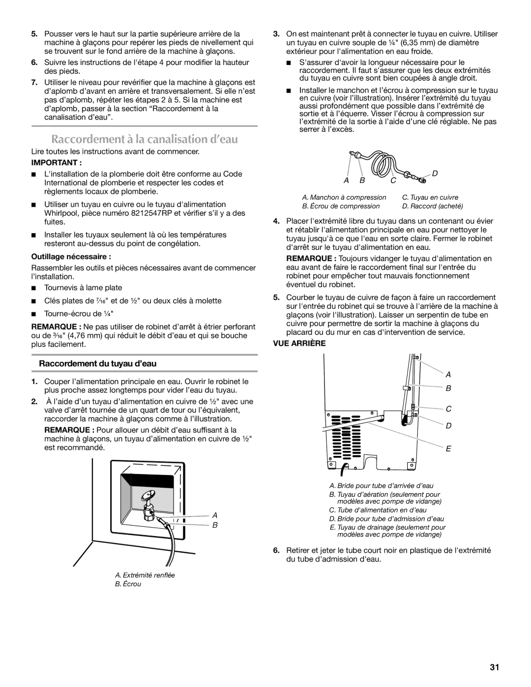 Maytag W10206488A installation instructions Raccordement du tuyau d’eau, VUE Arrière 