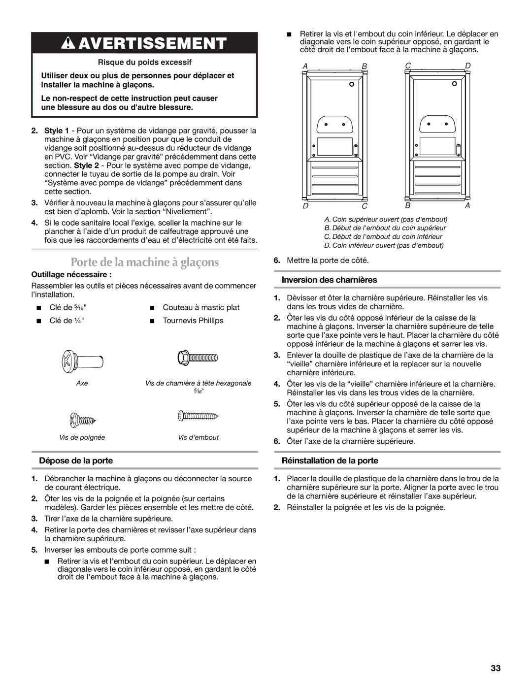 Maytag W10206488A Porte de la machine à glaçons, Inversion des charnières, Dépose de la porte, Réinstallation de la porte 